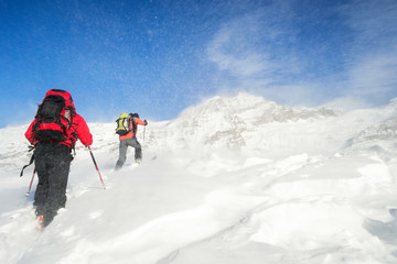 Naklejka na ściany i meble ski mountaineering in snowstorm