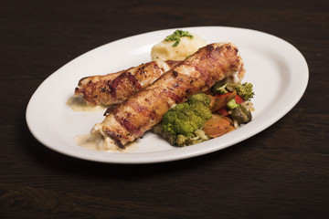 Punjena vesaljica - grilled pork tenderloin wrapped around bacon filled with mozzarella cheese