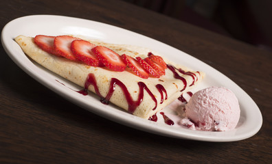 Home made Crepe with strawberry ice cream 
