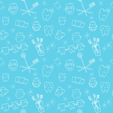 Seamless vector pattern - kawaii dentist, set of hand drawn objects. Cute sketch with doctor, teeth, toothbrush, smile and dental tools