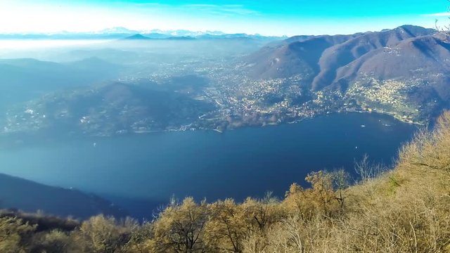 Picturesque panoramic aerial view of Lake Como, Lombardy province, Italy. View from Brunate town. Time Lapse