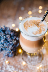 Fancy latte coffee in glass jar