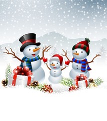 Set of cartoon snowman with Christmas background