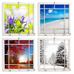 Spring, summer, fall and winter views through grungy window frames. Clipping paths for frames