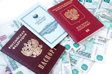 Savings book and a passport in the Russian money  