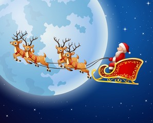 Naklejka premium Santa Claus rides reindeer sleigh against a full moon background