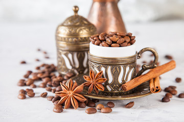 coffee in cups on a table, selective focus