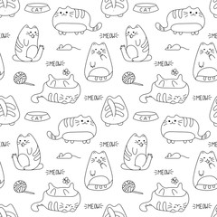 Vector seamless texture with kawaii cat and accessories.  illustration