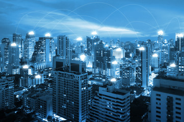 Night cityscape and internet network connection cloud technology