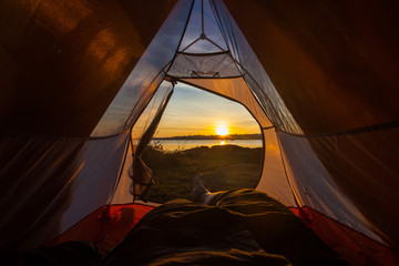 camping tent glow up with sunrise in morning