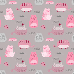 Cute funny seamless pattern with cats and accessories