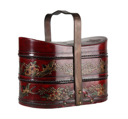 Beautiful red brown antique wooden food carrier isolated on whit
