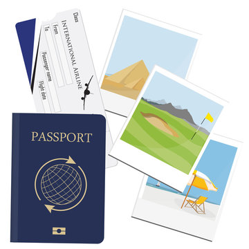 Passport, ticket, polaroid picture