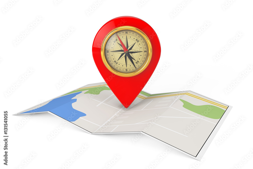 Poster folded abstract navigation map with target pin and compass. 3d r