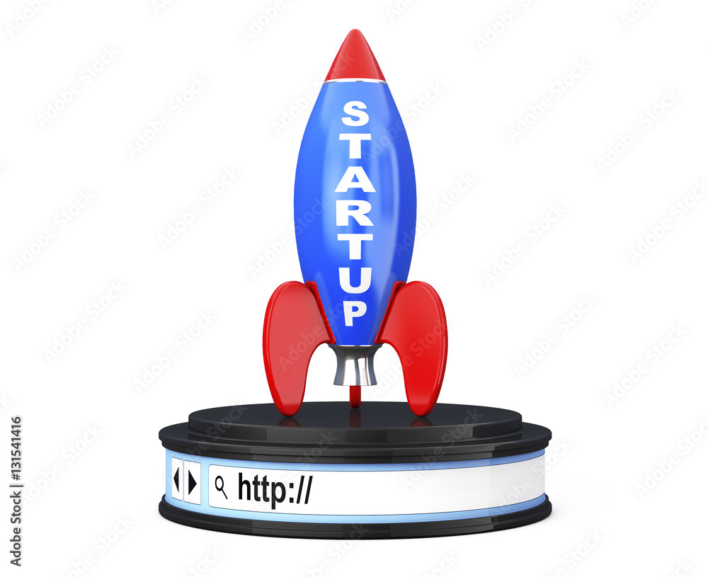 Poster Rocket with Startup Sign over Browser Address Bar as Round Platf