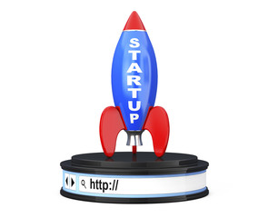 Rocket with Startup Sign over Browser Address Bar as Round Platf