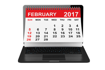 February 2017 calendar over laptop screen. 3d rendering