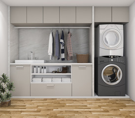 3d rendering wood minimal laundry room with plant - obrazy, fototapety, plakaty