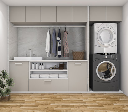 3d rendering wood minimal laundry room with plant