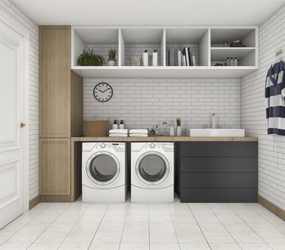 3d Rendering Wood Minimal Laundry Room With Shelf And Plant