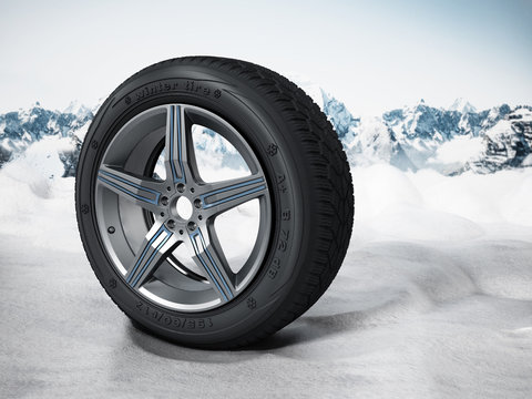 Winter tyre standing on snow. 3D illustration