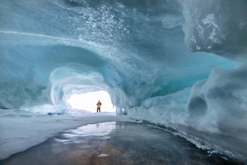 Ice cave on Lake Baikal in winter.