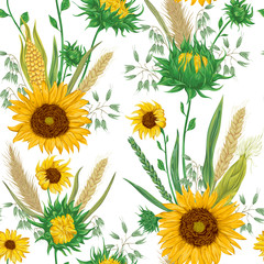 Seamless pattern with cereals and sunflowers. Barley, wheat, rye, corn and oat. Rustic floral background. Vintage vector botanical illustration in watercolor style.