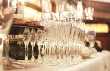 Wine glasses on the table served for the reception in the restau