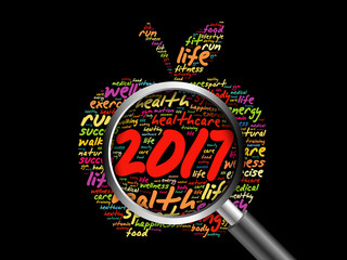 2017 apple word cloud collage, health goals concept background with magnifying glass 3D illustration