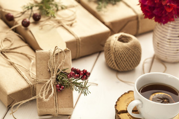 Gift boxes on wooden background