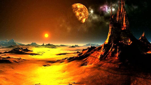 Fairytale Sunrise On An Alien Planet. In the dark starry sky planet (moon) and the bright nebula. Beneath the rocky desert landscape. Due to the horizon slowly ascends the bright orange sun in a halo.