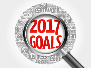 2017 Goals word cloud collage, business concept with magnifying glass 3D illustration