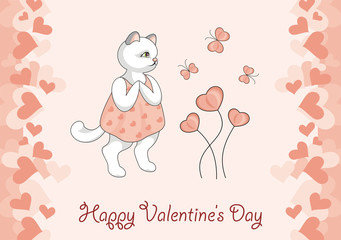 Greeting card happy Valentine's day. Cartoon image of cute funny kittens, butterflies and flowers in form of hearts.