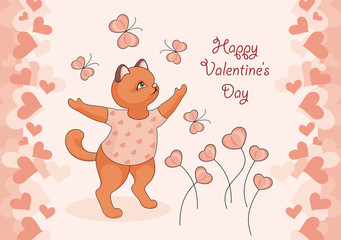 Greeting card happy Valentine's day. Cartoon image of cute funny kittens, butterflies and flowers in form of hearts.