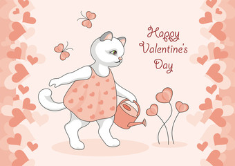 Greeting card happy Valentine's day. Cartoon image of cute funny kittens, butterflies and flowers in form of hearts.