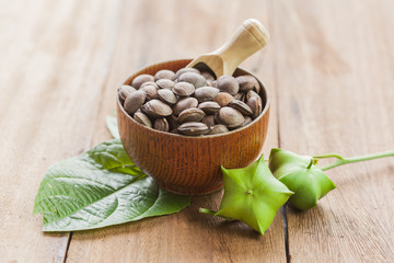 dried capsule seeds fruit of Sacha Inchi peanut in dish