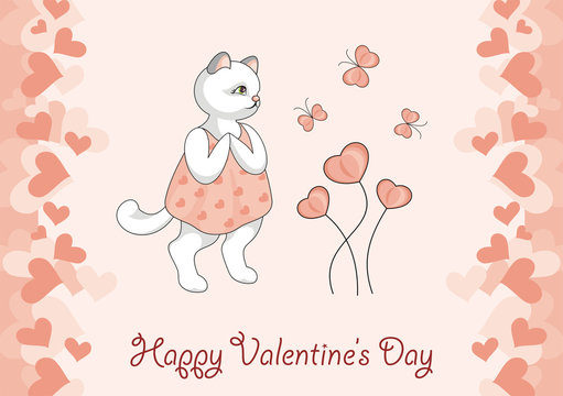 Greeting card happy Valentine's day. Cartoon image of cute funny kittens, butterflies and flowers in form of hearts.