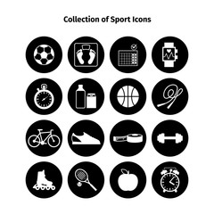 Fitness white icons in black circles. Vector sport, jogging, fit, measure, water drink signs