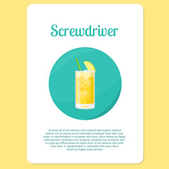 Screwdriver cocktail menu item or sticker. Party drink in circle icon. Vector illustration