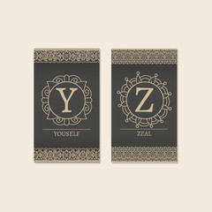 Cards set with monogram logos and borders. Letters Y-Z vector illustration
