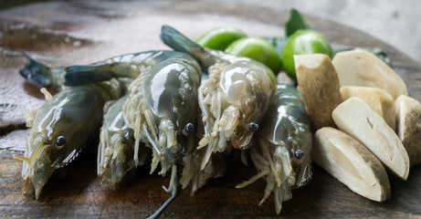 Ingredients of Thai food Tom Yum Goong. shrimp mushroom and herb.