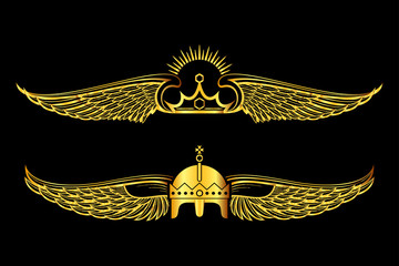 Set of golden winged crowns logos black background
