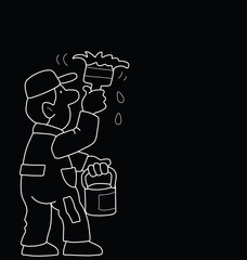 Monochrome outline cartoon painter isolated on black background 
