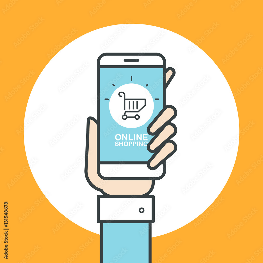 Poster Online shopping concept. Hand holding smartphone with cart symbol on the screen. Flat design vector illustration.