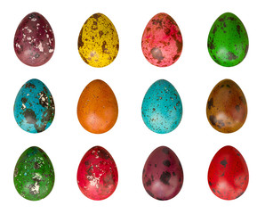 Set of same size tinted quail easter eggs isolated on white background. Easter concept.