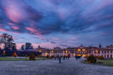 Christmas lights at the Public Gardens of Varese, sunset