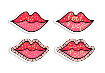Fashion patch stickers with lips. Vector illustration isolated on white background. Set of  patches in cartoon comic style in vector. Ready for print. Doodle lips.