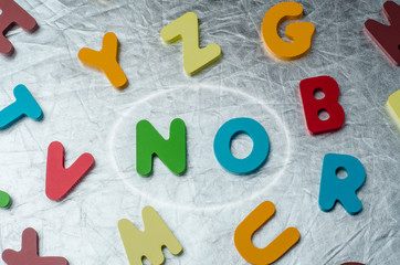 Naklejka premium NO word with colourful alphabet made of wooden. Business Idea co