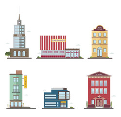 Modern buildings in different architectural styles. Architecture construction: bank, hotel, supermarket, post office, police, school. Flat vector illustration. - obrazy, fototapety, plakaty