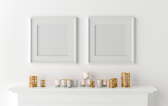 Two blank picture frame with candles on fireplace - 3D render